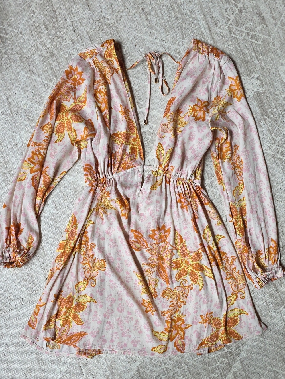 Free People Pink and Orange Floral Long-Sleeve V-Neck Mini Dress